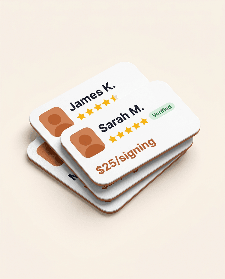 Notary profile cards showing verified notaries with ratings and pricing